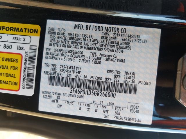 Photo 9 VIN: 3FA6P0HD5GR266000 - FORD FUSION SE 