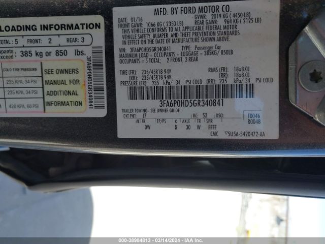 Photo 8 VIN: 3FA6P0HD5GR340841 - FORD FUSION 