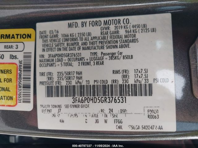 Photo 8 VIN: 3FA6P0HD5GR376531 - FORD FUSION 