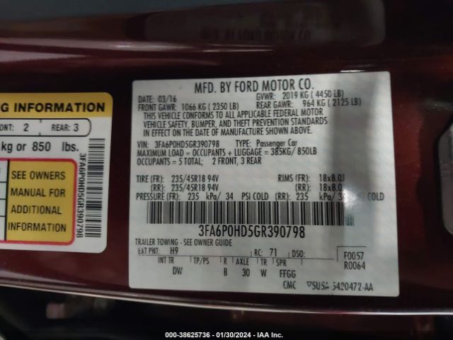 Photo 8 VIN: 3FA6P0HD5GR390798 - FORD FUSION 