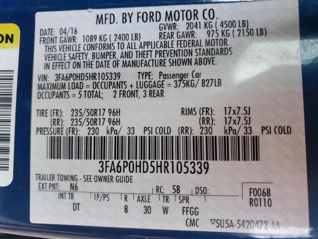 Photo 11 VIN: 3FA6P0HD5HR105339 - FORD FUSION SE 