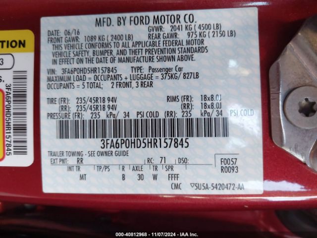 Photo 8 VIN: 3FA6P0HD5HR157845 - FORD FUSION 