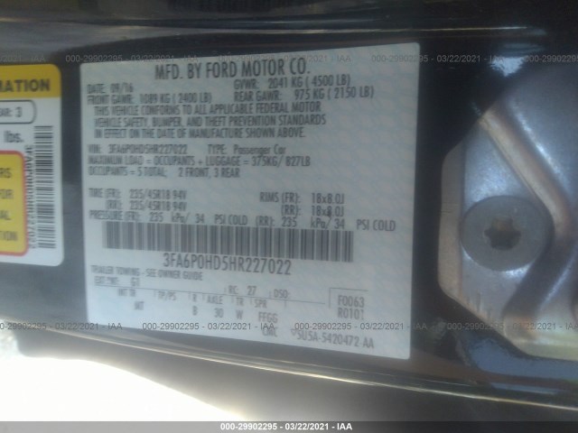 Photo 8 VIN: 3FA6P0HD5HR227022 - FORD FUSION 