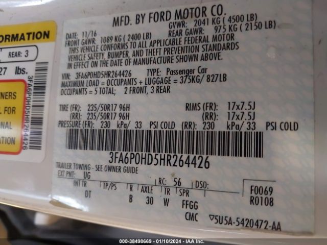 Photo 8 VIN: 3FA6P0HD5HR264426 - FORD FUSION 