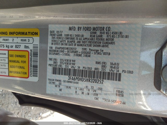 Photo 8 VIN: 3FA6P0HD5HR320252 - FORD FUSION 