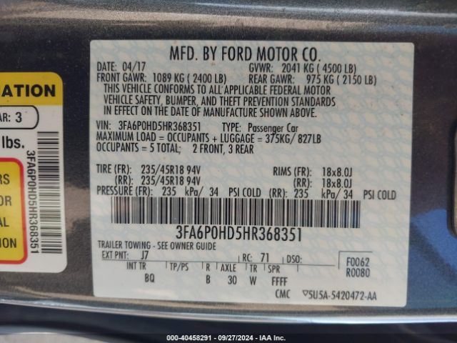 Photo 8 VIN: 3FA6P0HD5HR368351 - FORD FUSION 