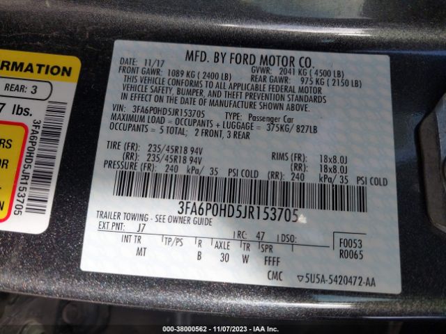 Photo 8 VIN: 3FA6P0HD5JR153705 - FORD FUSION 