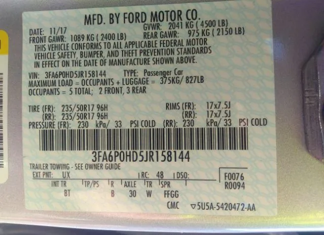 Photo 8 VIN: 3FA6P0HD5JR158144 - FORD FUSION 