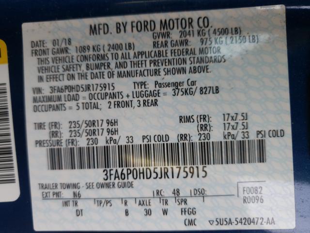 Photo 9 VIN: 3FA6P0HD5JR175915 - FORD FUSION SE 