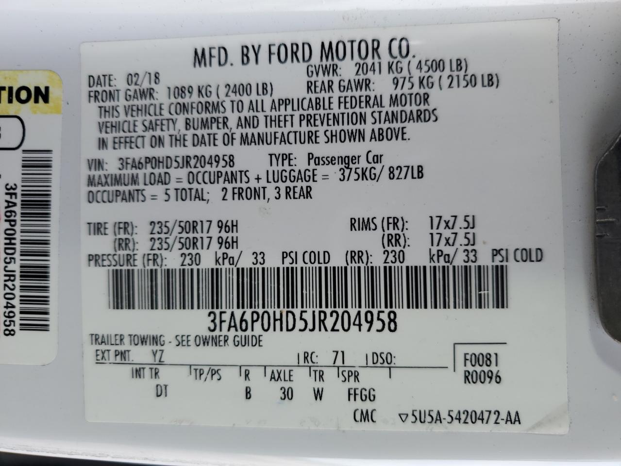 Photo 12 VIN: 3FA6P0HD5JR204958 - FORD FUSION 