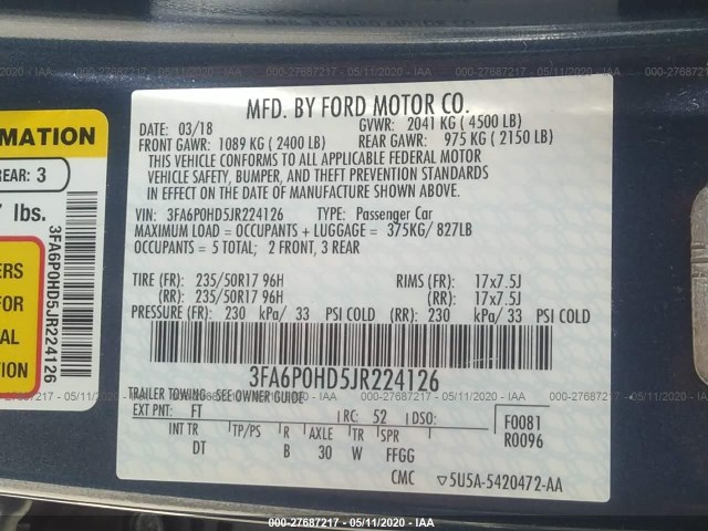 Photo 8 VIN: 3FA6P0HD5JR224126 - FORD FUSION 