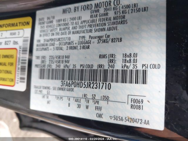 Photo 8 VIN: 3FA6P0HD5JR231710 - FORD FUSION 