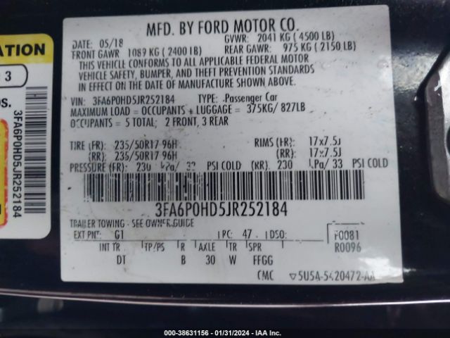 Photo 8 VIN: 3FA6P0HD5JR252184 - FORD FUSION 