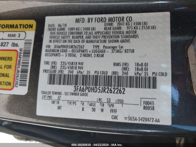 Photo 8 VIN: 3FA6P0HD5JR262262 - FORD FUSION 