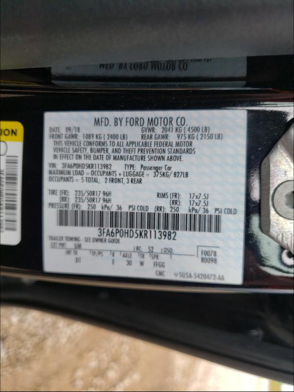 Photo 9 VIN: 3FA6P0HD5KR113982 - FORD FUSION SE 