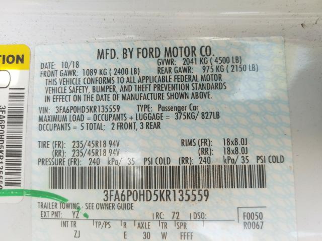 Photo 9 VIN: 3FA6P0HD5KR135559 - FORD FUSION SE 