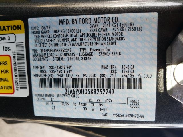 Photo 9 VIN: 3FA6P0HD5KR252249 - FORD FUSION SE 