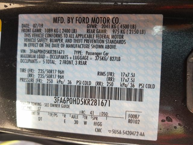 Photo 9 VIN: 3FA6P0HD5KR281671 - FORD FUSION 