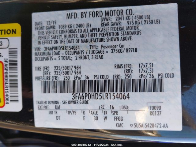 Photo 8 VIN: 3FA6P0HD5LR154064 - FORD FUSION 