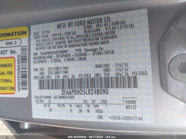 Photo 8 VIN: 3FA6P0HD5LR248090 - FORD FUSION 