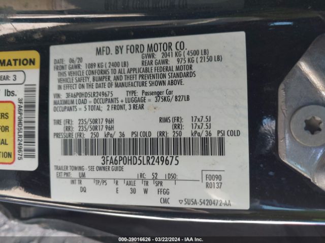 Photo 8 VIN: 3FA6P0HD5LR249675 - FORD FUSION 