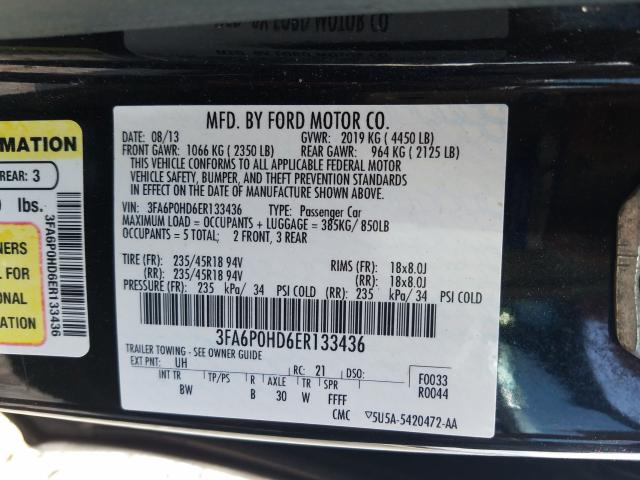 Photo 9 VIN: 3FA6P0HD6ER133436 - FORD FUSION SE 