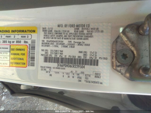 Photo 8 VIN: 3FA6P0HD6ER229504 - FORD FUSION 