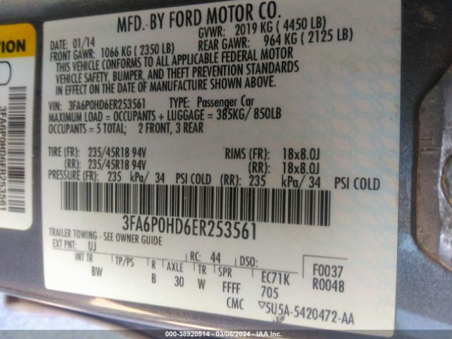 Photo 8 VIN: 3FA6P0HD6ER253561 - FORD FUSION 