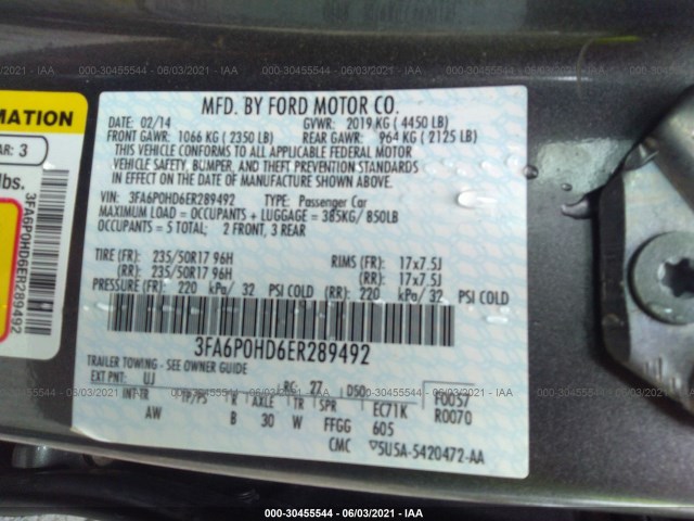 Photo 8 VIN: 3FA6P0HD6ER289492 - FORD FUSION 