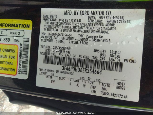 Photo 8 VIN: 3FA6P0HD6ER354664 - FORD FUSION 