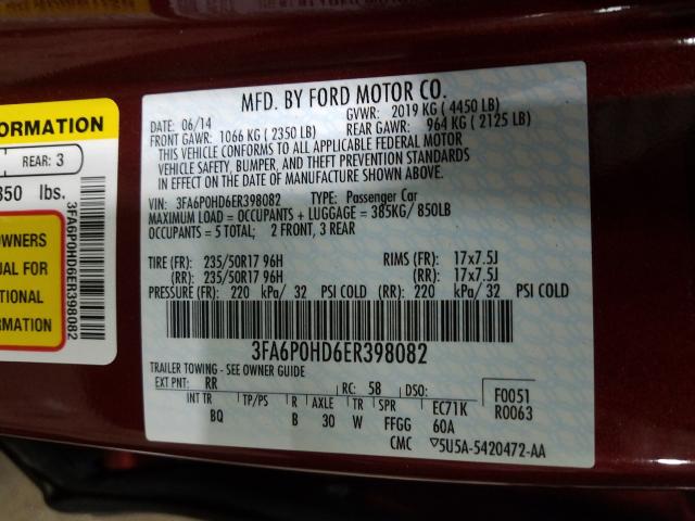 Photo 9 VIN: 3FA6P0HD6ER398082 - FORD FUSION SE 