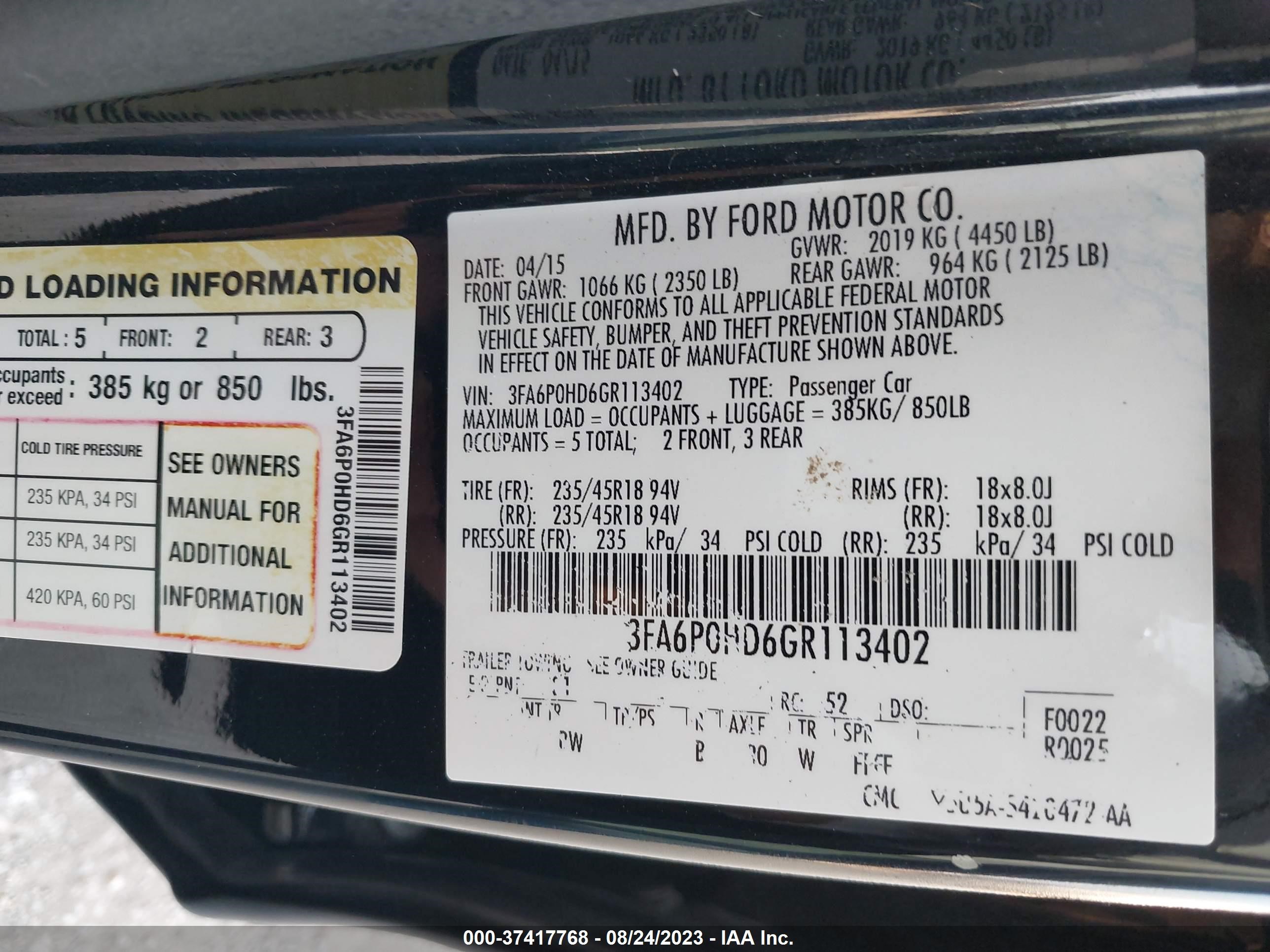 Photo 8 VIN: 3FA6P0HD6GR113402 - FORD FUSION 