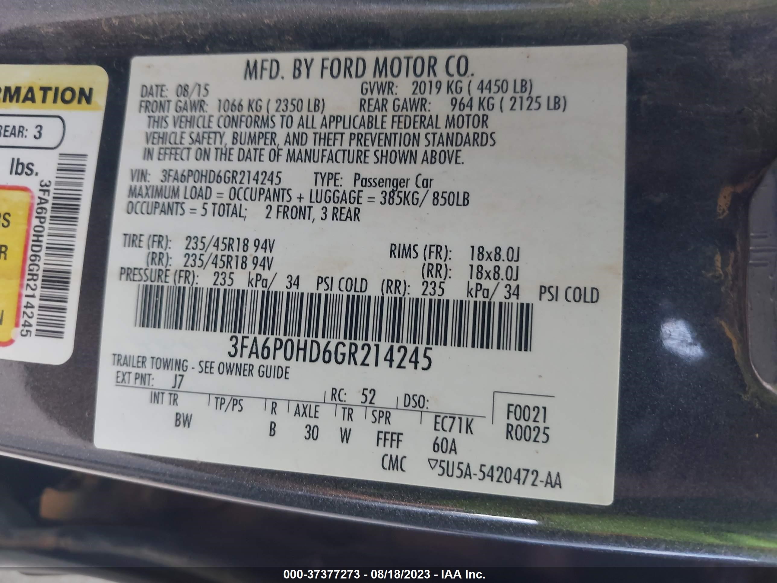 Photo 8 VIN: 3FA6P0HD6GR214245 - FORD FUSION 