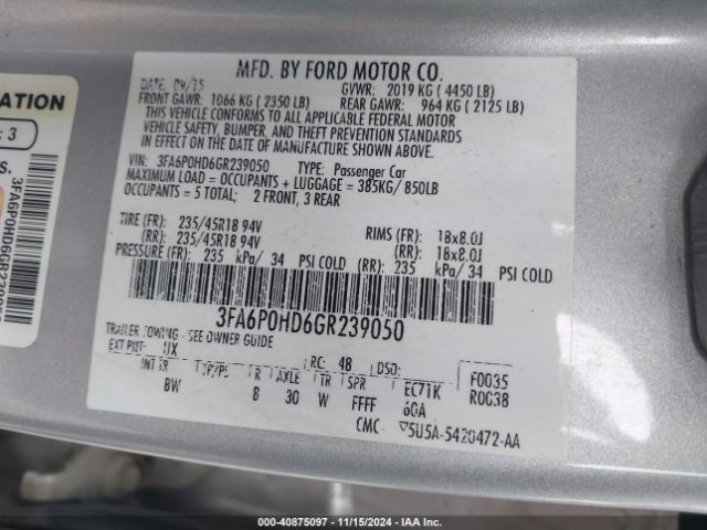 Photo 8 VIN: 3FA6P0HD6GR239050 - FORD FUSION 