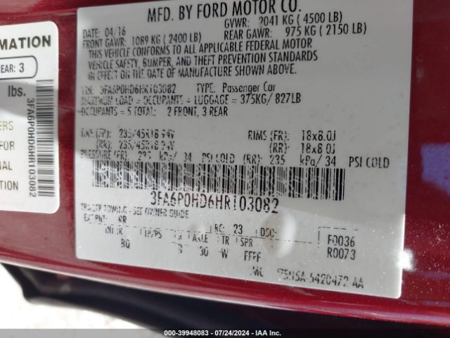 Photo 8 VIN: 3FA6P0HD6HR103082 - FORD FUSION 