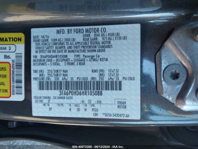 Photo 8 VIN: 3FA6P0HD6HR105088 - FORD FUSION 