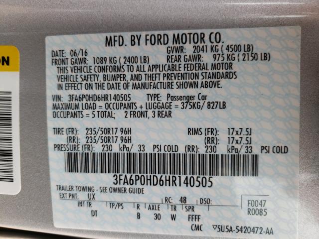 Photo 9 VIN: 3FA6P0HD6HR140505 - FORD FUSION SE 