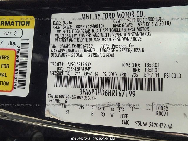 Photo 8 VIN: 3FA6P0HD6HR167199 - FORD FUSION 