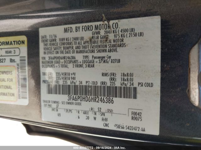 Photo 8 VIN: 3FA6P0HD6HR246386 - FORD FUSION 