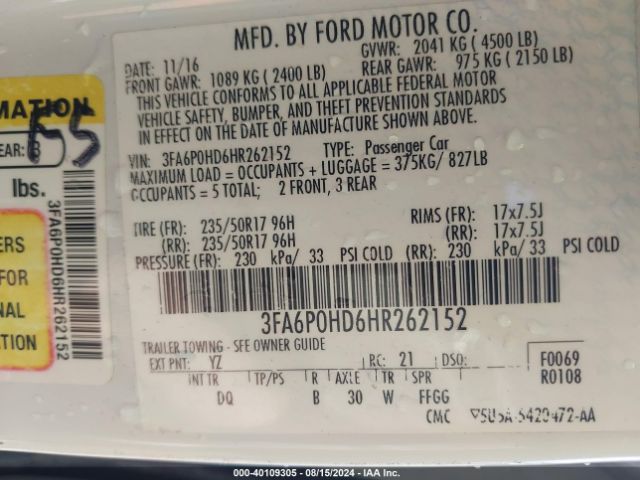 Photo 8 VIN: 3FA6P0HD6HR262152 - FORD FUSION 