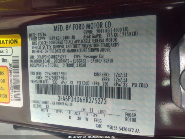 Photo 8 VIN: 3FA6P0HD6HR275273 - FORD FUSION 