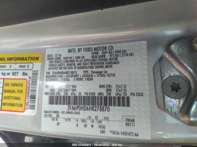 Photo 8 VIN: 3FA6P0HD6HR278870 - FORD FUSION 