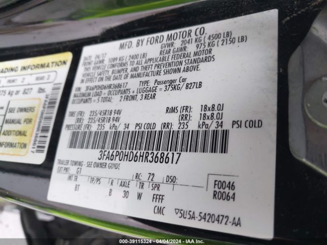 Photo 8 VIN: 3FA6P0HD6HR368617 - FORD FUSION 