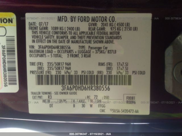 Photo 8 VIN: 3FA6P0HD6HR380556 - FORD FUSION 