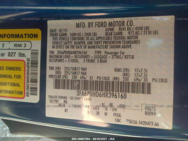 Photo 8 VIN: 3FA6P0HD6HR396160 - FORD FUSION 