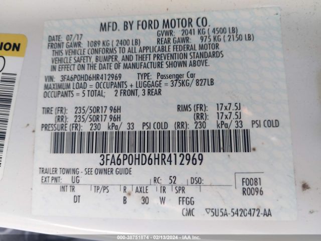 Photo 8 VIN: 3FA6P0HD6HR412969 - FORD FUSION 