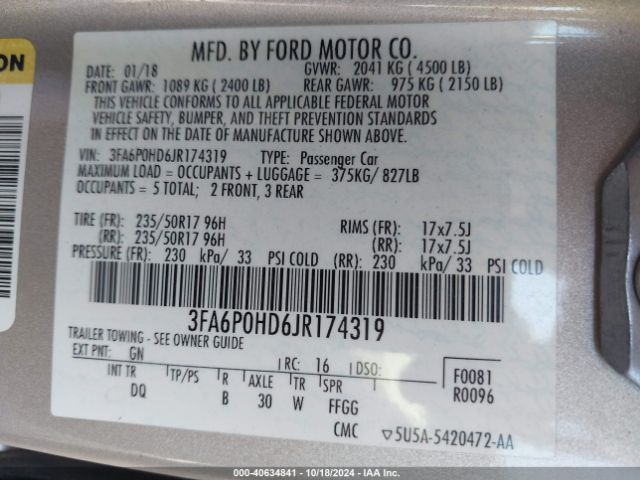 Photo 8 VIN: 3FA6P0HD6JR174319 - FORD FUSION 