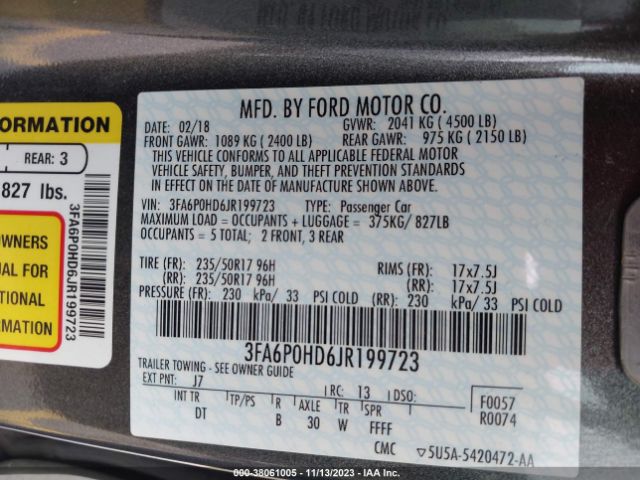 Photo 8 VIN: 3FA6P0HD6JR199723 - FORD FUSION 