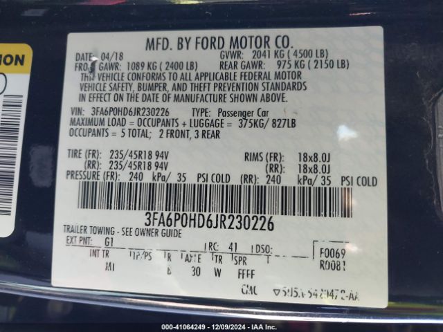 Photo 8 VIN: 3FA6P0HD6JR230226 - FORD FUSION 