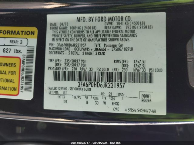 Photo 8 VIN: 3FA6P0HD6JR231957 - FORD FUSION 